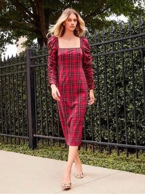ANTONIO MELANI Red Plaid Square-Neck Midi Dress with Ruched Sleeves